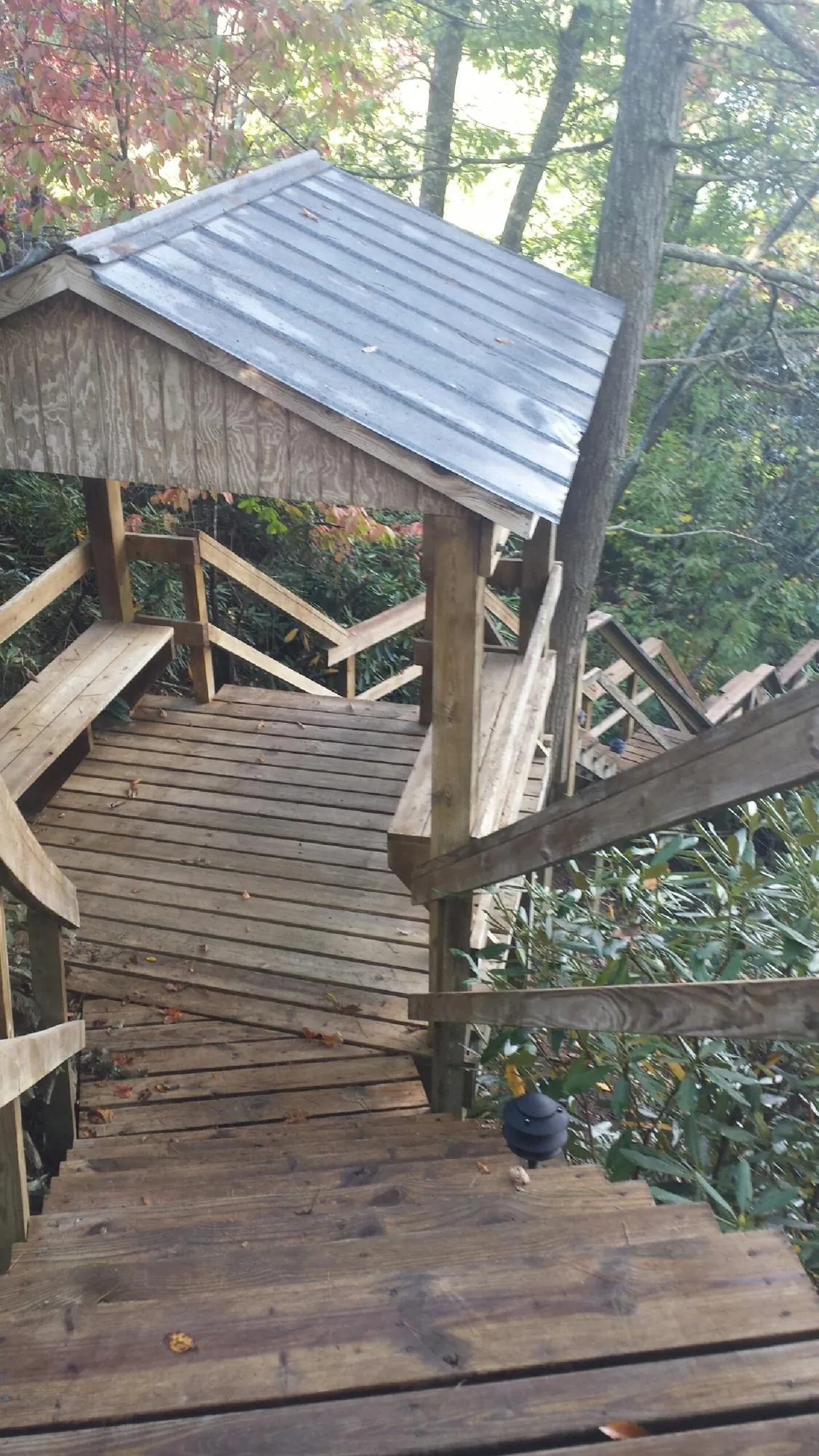 Metal roofed shelter over wooden steps on a wooded walkway — Skylight Repair & Installation work by our crew in Winfield